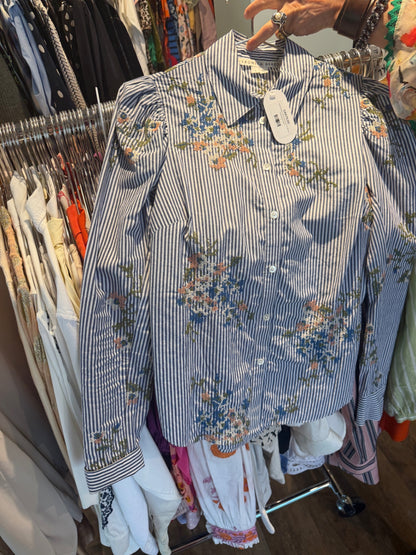 Veronica Beard Blue Stripe Button Up Shirt w/ Embroidered Flowers