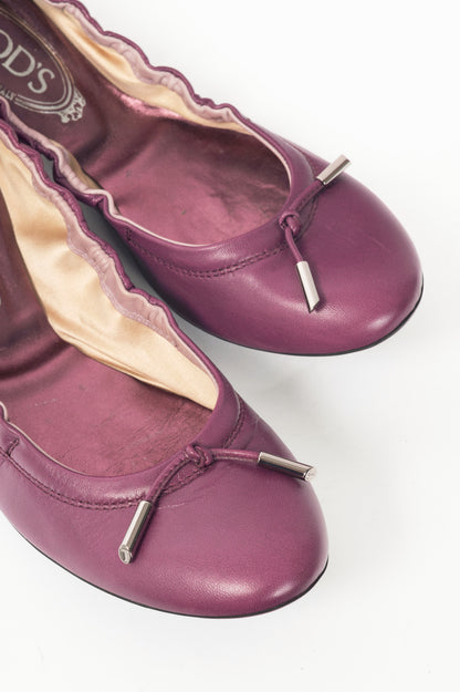 Tod's Purple Leather Bow Gommino Ballet Flats