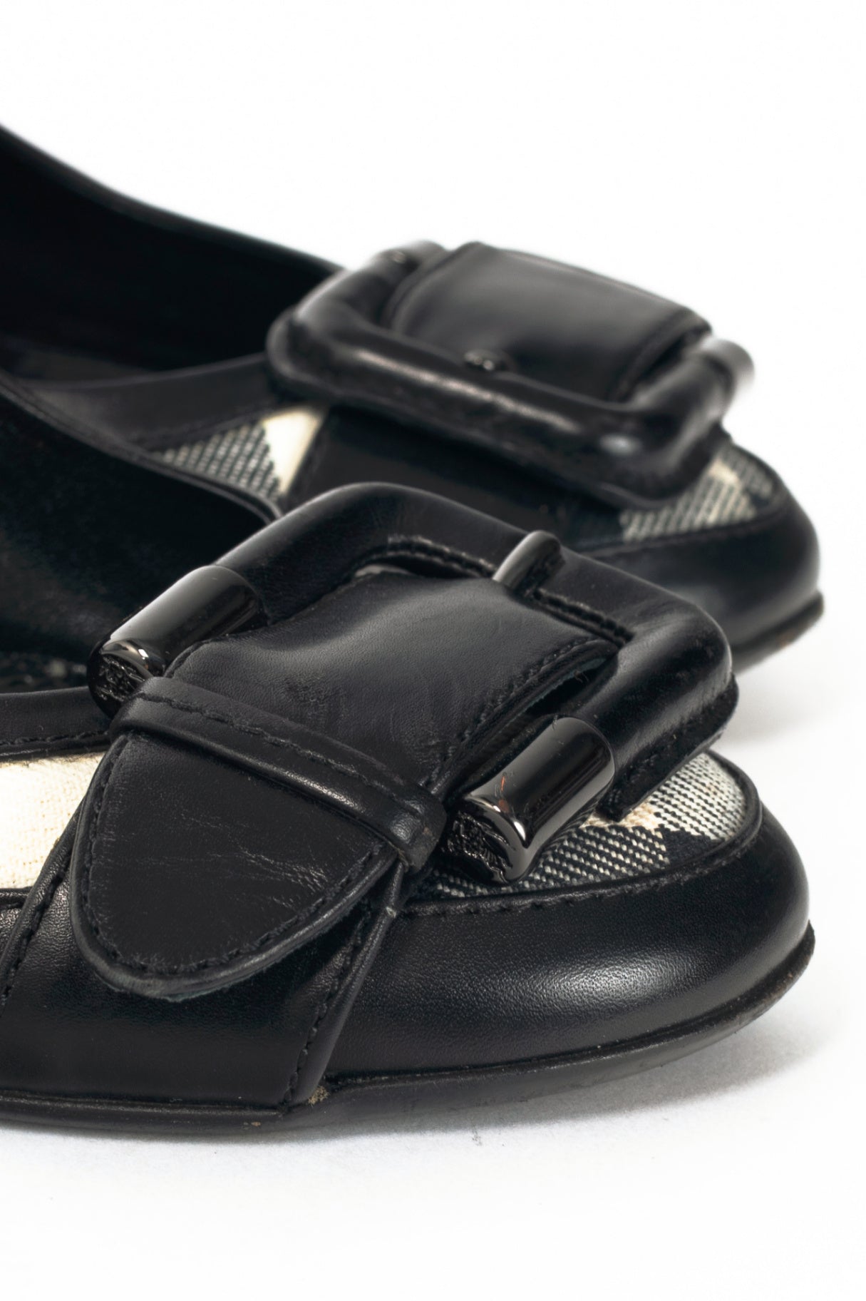 Burberry Check Canvas & Leather-Trim Buckle Pumps