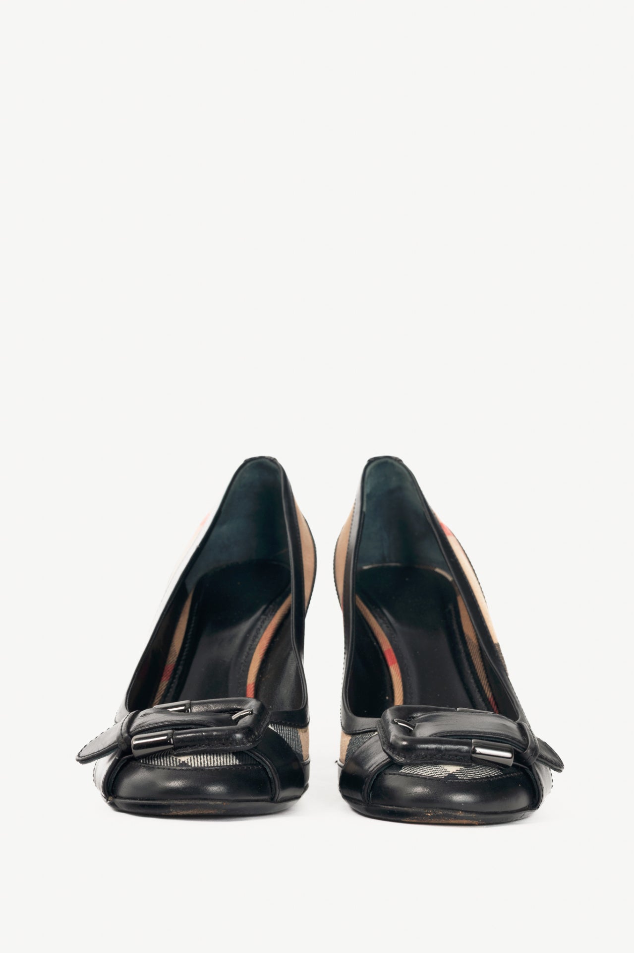 Burberry Check Canvas & Leather-Trim Buckle Pumps