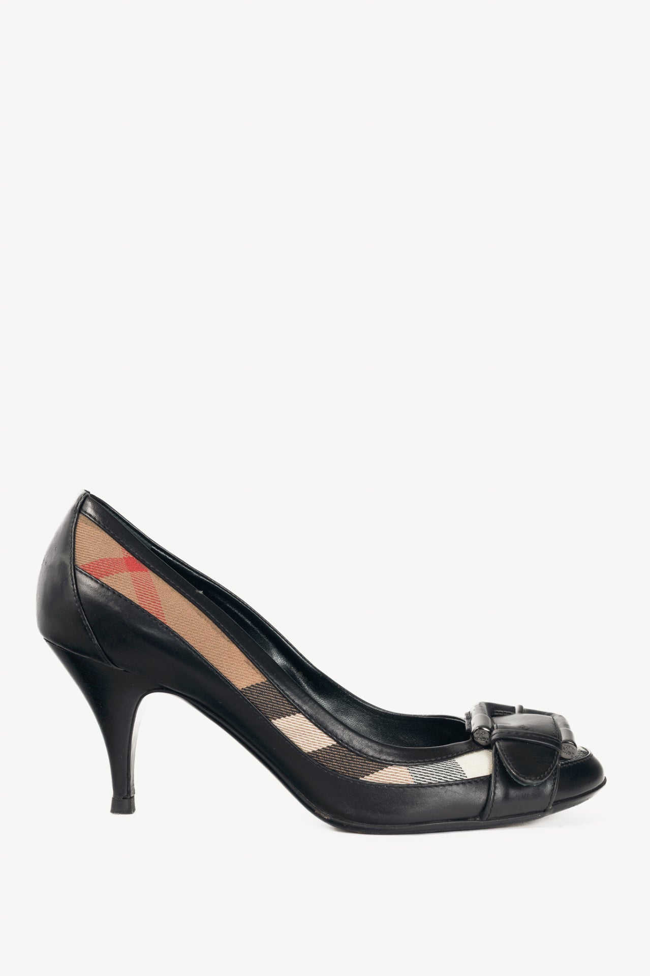 Burberry Check Canvas & Leather-Trim Buckle Pumps