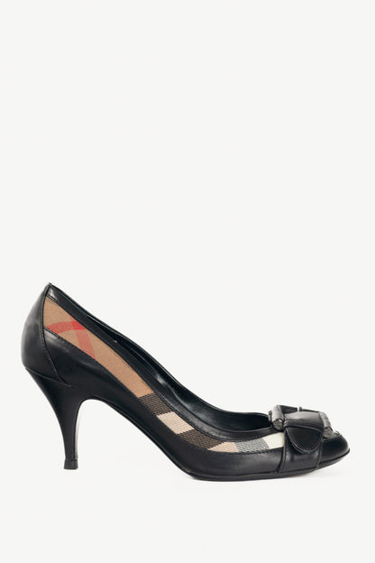 Burberry Check Canvas & Leather-Trim Buckle Pumps