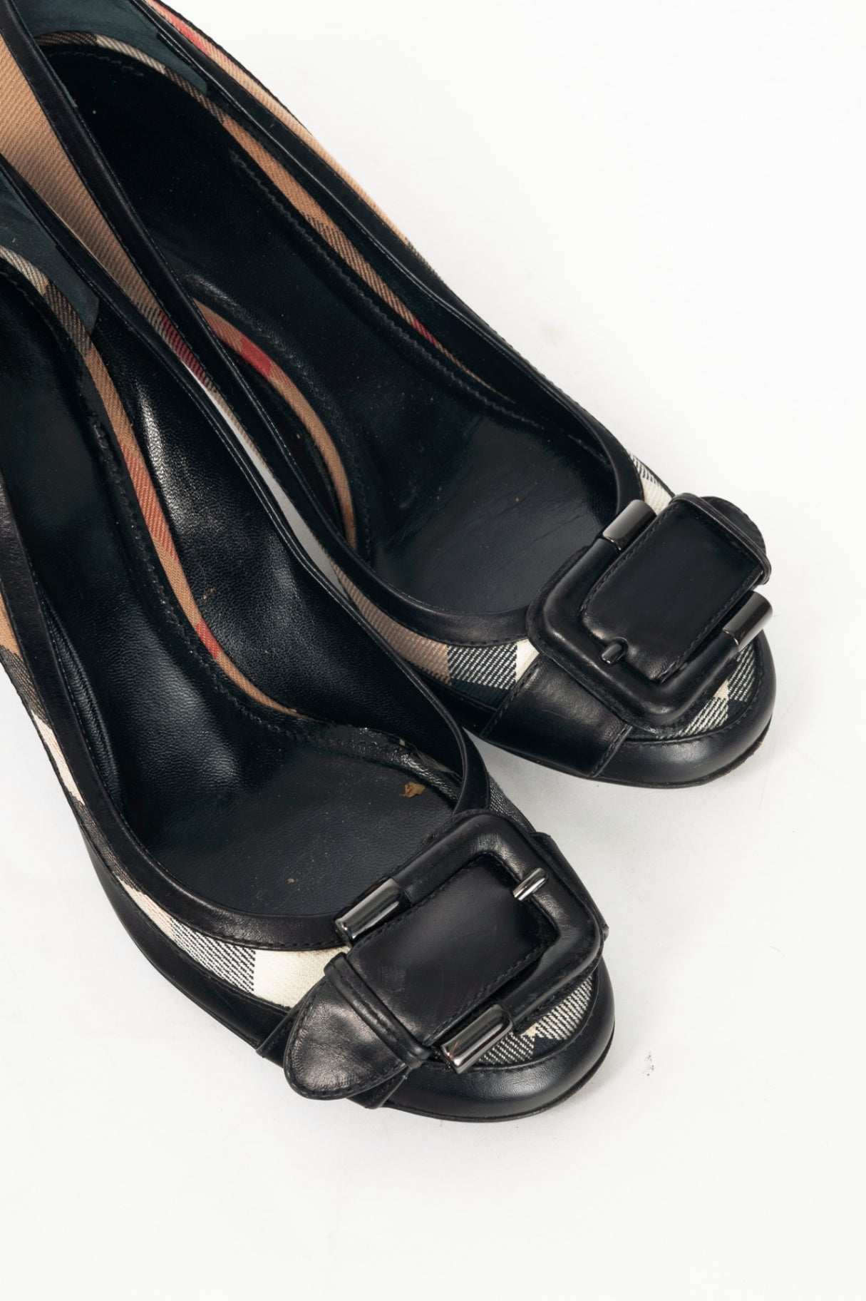 Burberry Check Canvas & Leather-Trim Buckle Pumps