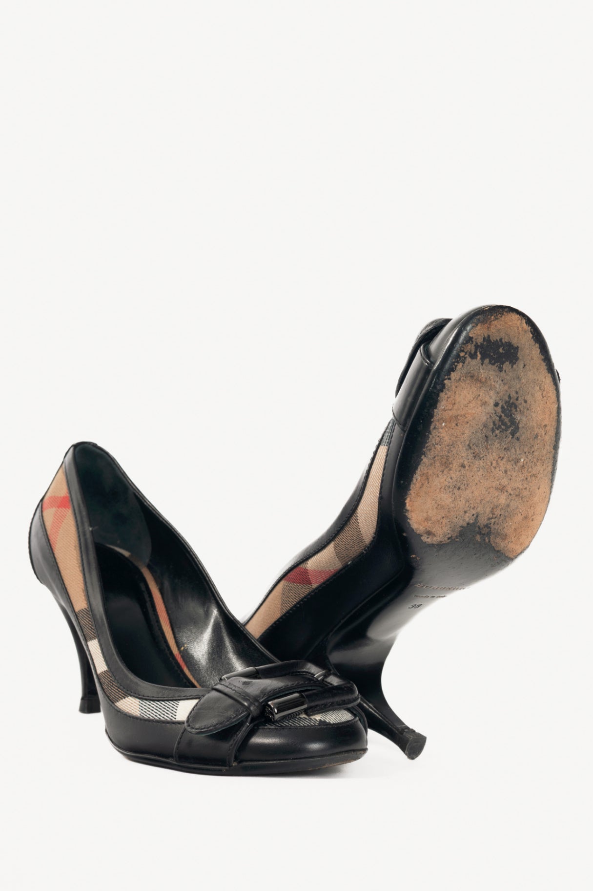 Burberry Check Canvas & Leather-Trim Buckle Pumps
