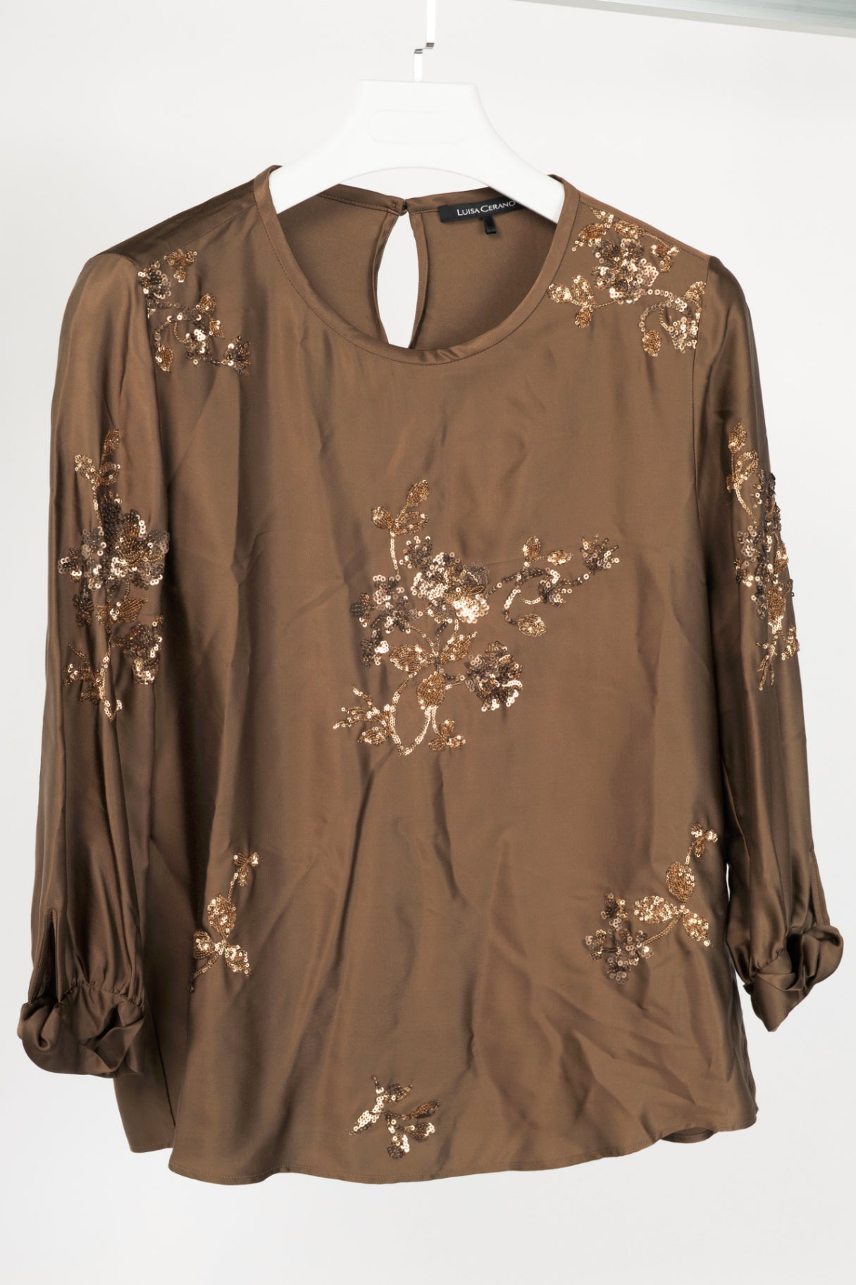 Luisa Cerano "Tobacco" Satin Floral-Sequin Blouse