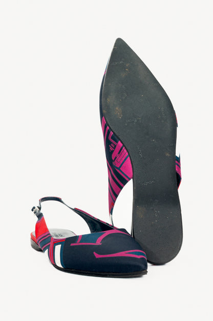 Hermes Laura Navy Les Coupes-Print Slingback Pointed-Toe Flats
