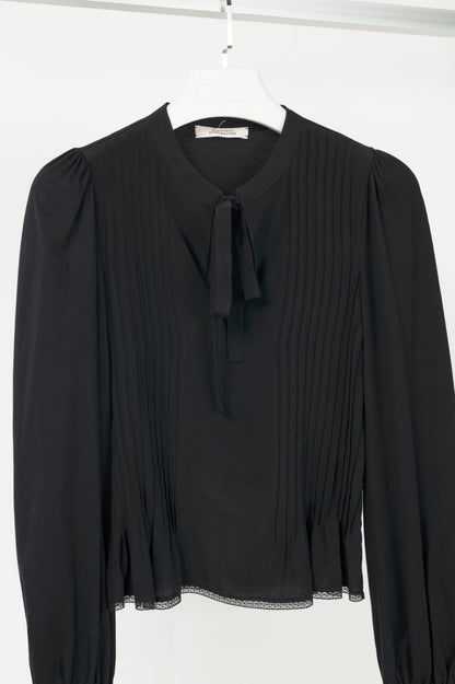Dorothee Schumacher Black Silk-Front Tie-Neck Pintuck Blouse