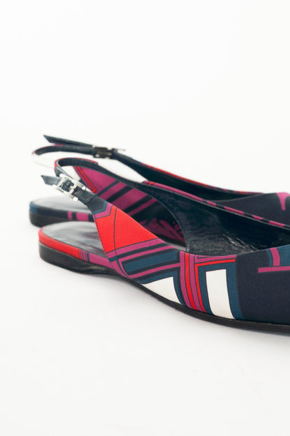 Hermes Laura Navy Les Coupes-Print Slingback Pointed-Toe Flats