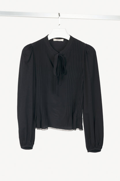 Dorothee Schumacher Black Silk-Front Tie-Neck Pintuck Blouse