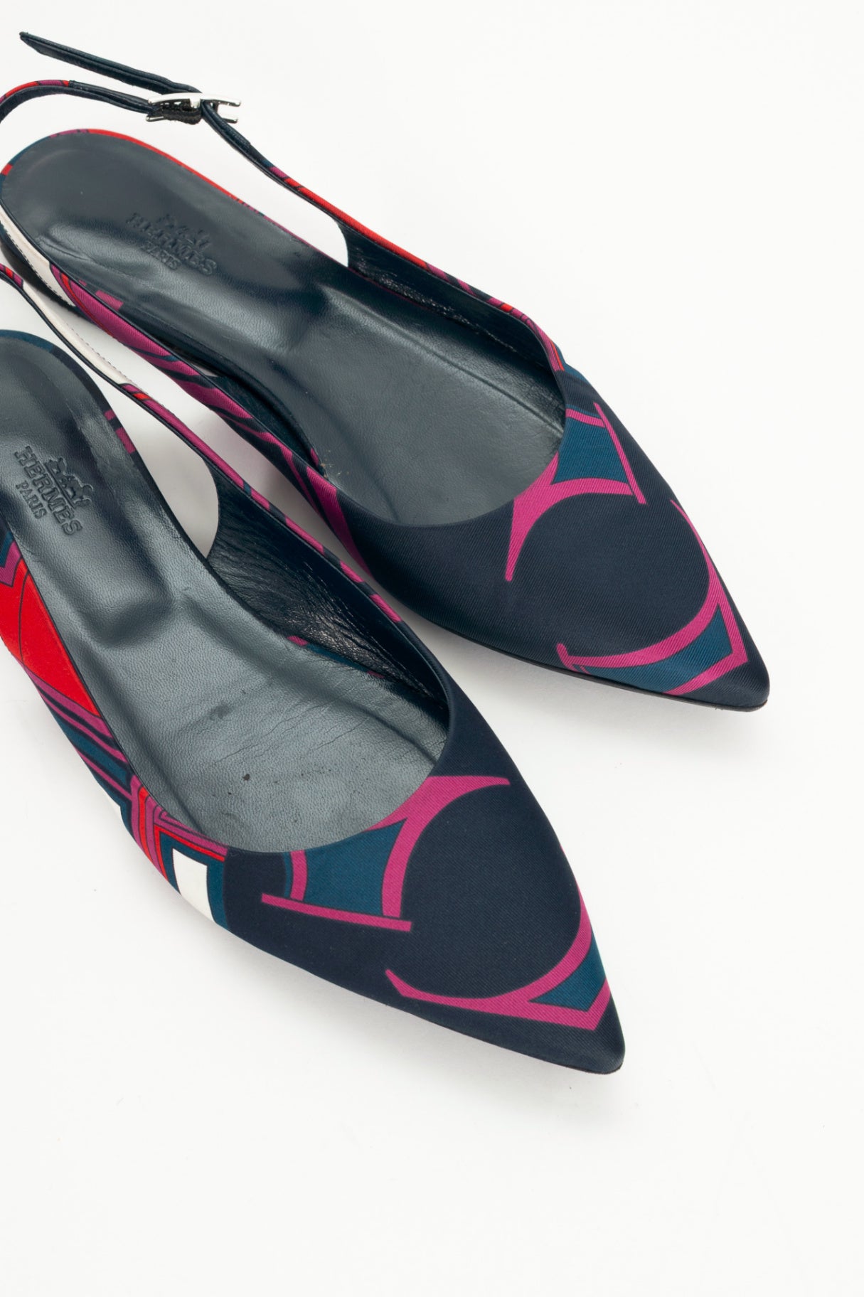 Hermes Laura Navy Les Coupes-Print Slingback Pointed-Toe Flats
