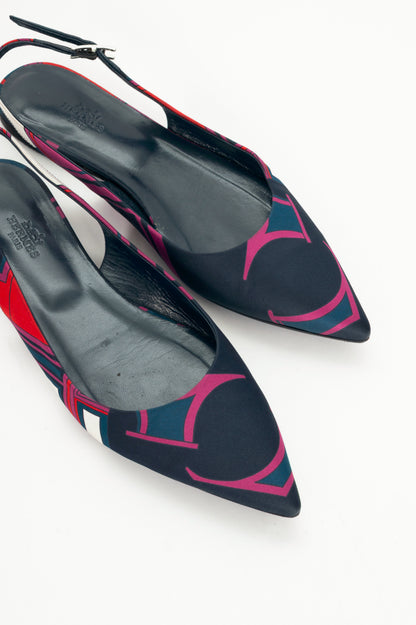 Hermes Laura Navy Les Coupes-Print Slingback Pointed-Toe Flats