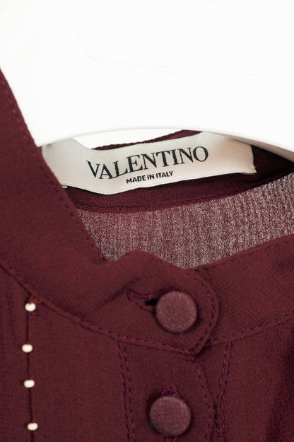 Valentino Burgundy Silk-Chiffon Beaded-Pleat Buttoned Blouse