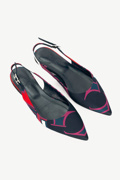 Hermes Laura Navy Les Coupes-Print Slingback Pointed-Toe Flats