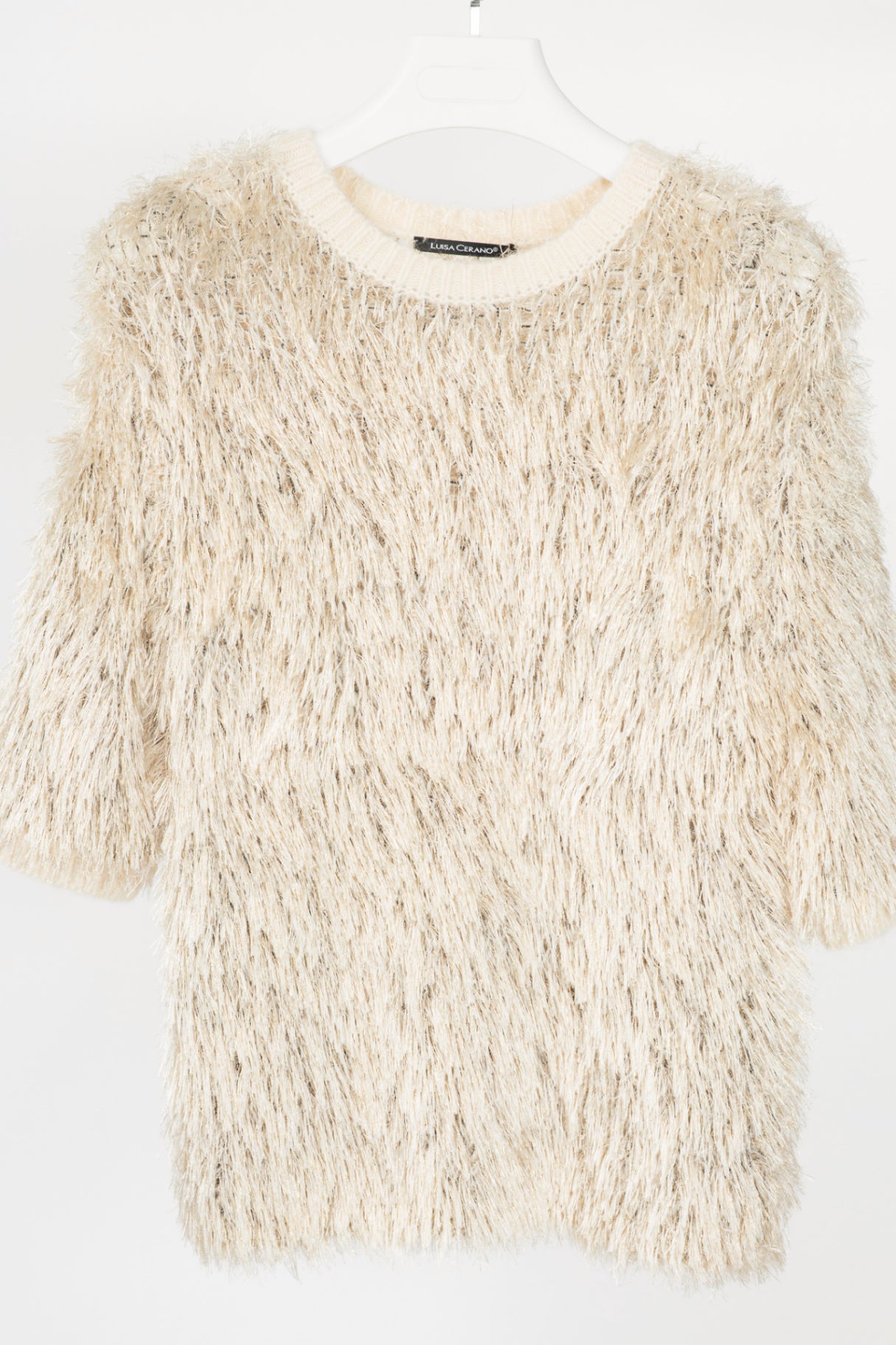 Luisa Cerano Cream Metallic Italian Fur-Look Sweater