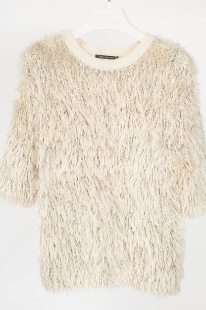 Luisa Cerano Cream Metallic Italian Fur-Look Sweater