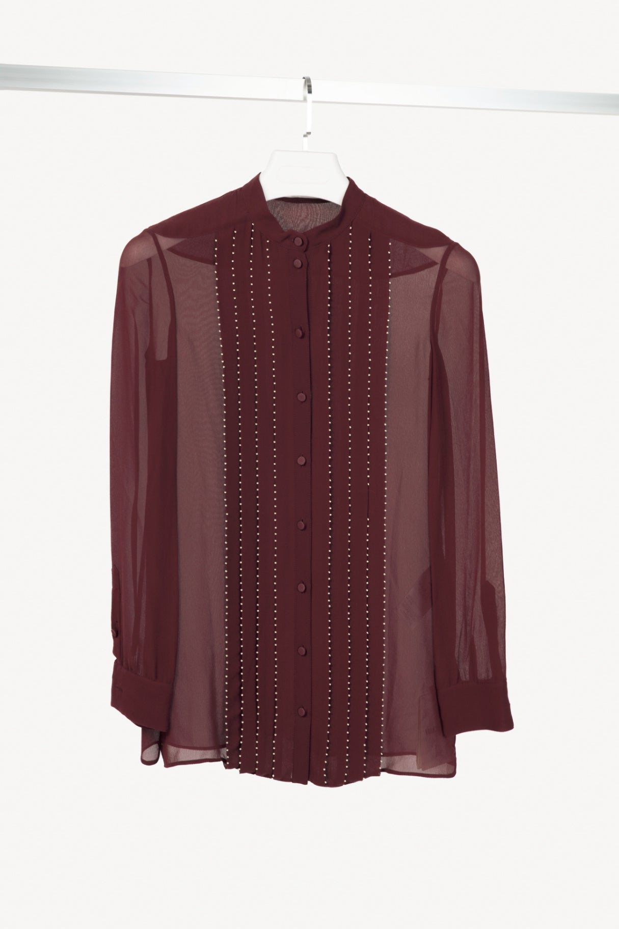 Valentino Burgundy Silk-Chiffon Beaded-Pleat Buttoned Blouse