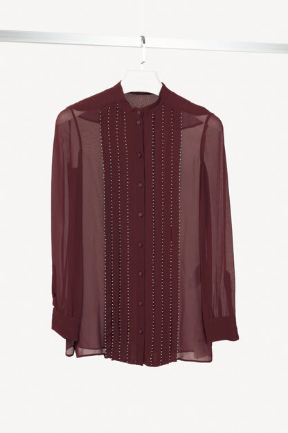 Valentino Burgundy Silk-Chiffon Beaded-Pleat Buttoned Blouse