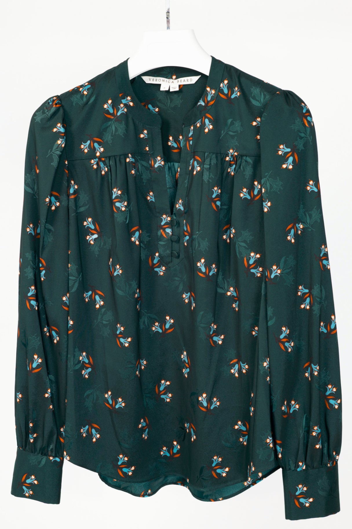 Veronica Beard Abbie Evergreen Multi Bouquet Print Satin Top
