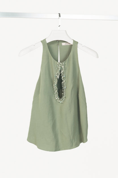 Dorothee Schumacher Summer Cruise "Pale Khaki" Embellished Linen Top