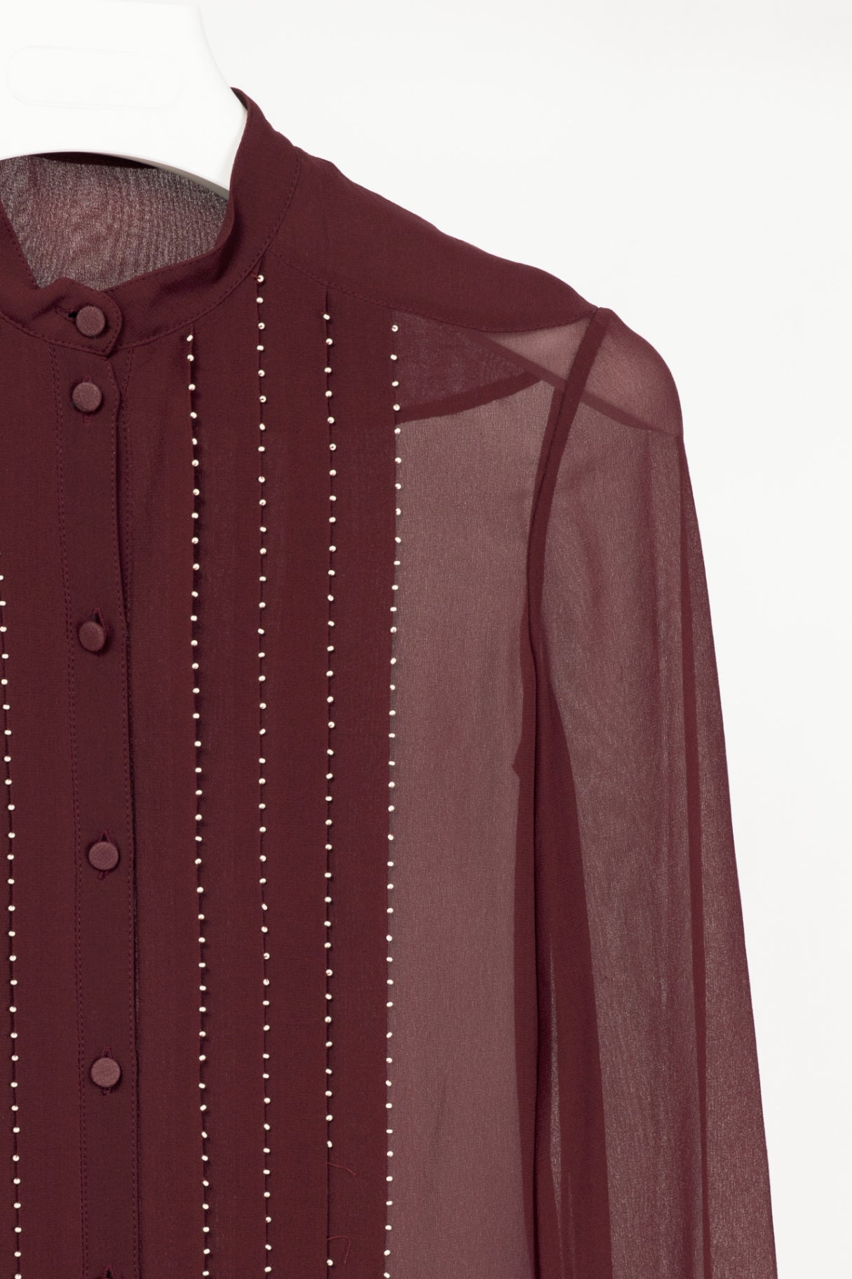 Valentino Burgundy Silk-Chiffon Beaded-Pleat Buttoned Blouse