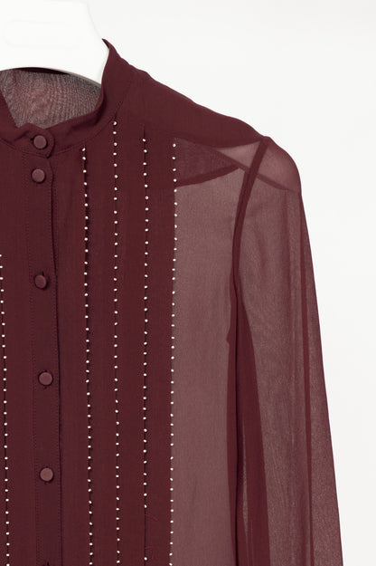 Valentino Burgundy Silk-Chiffon Beaded-Pleat Buttoned Blouse