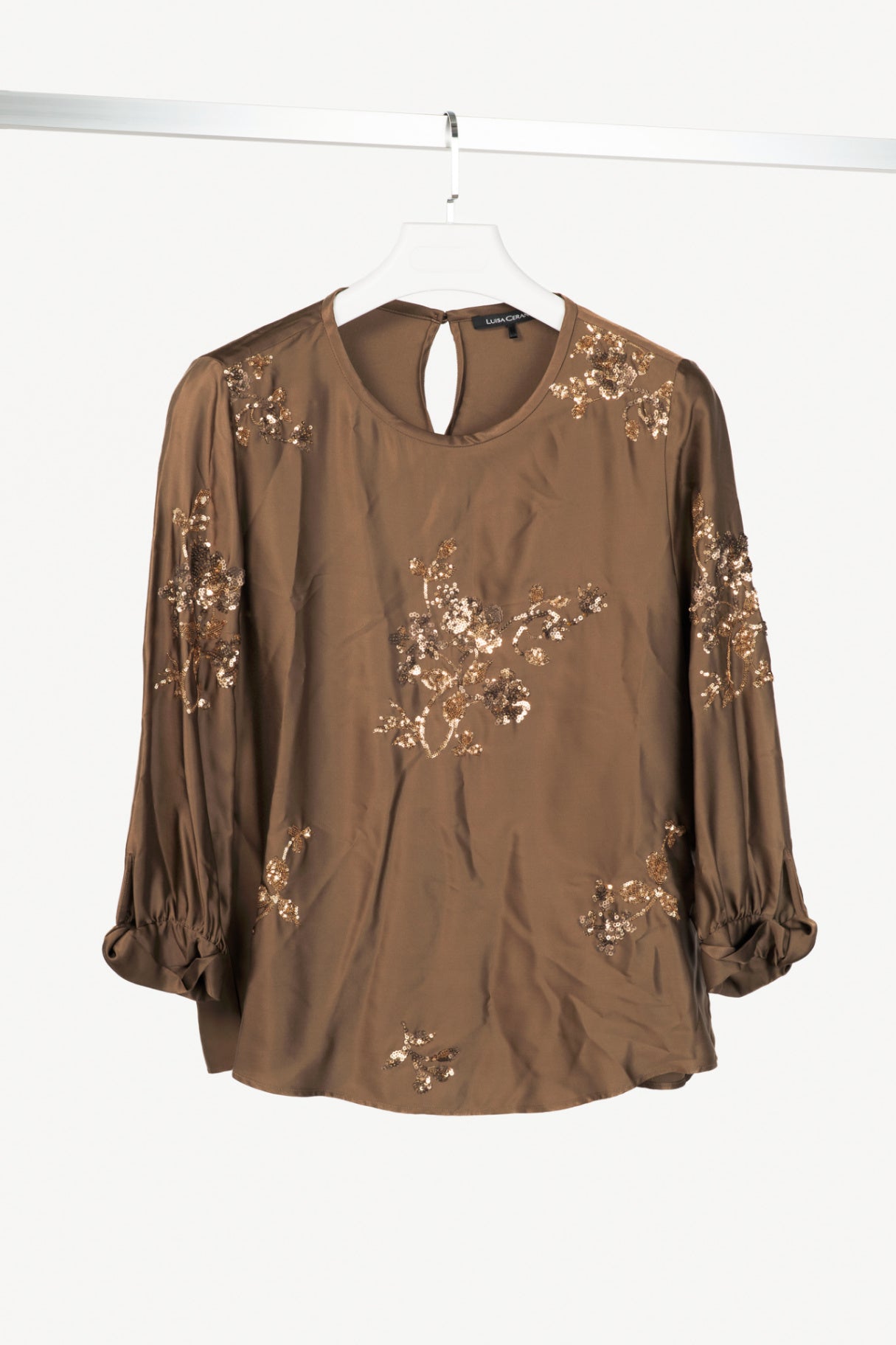 Luisa Cerano "Tobacco" Satin Floral-Sequin Blouse