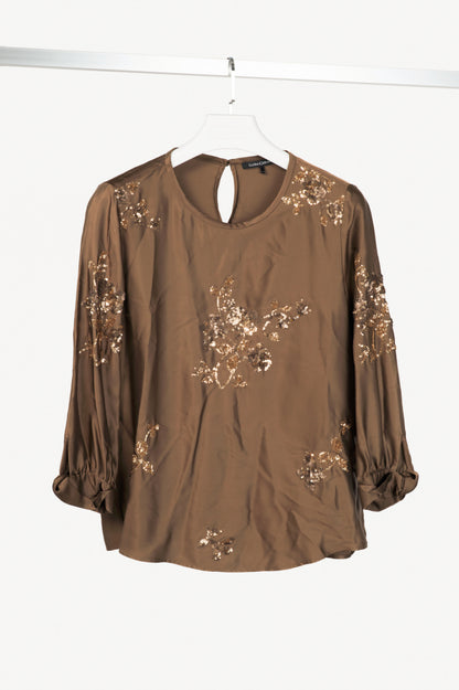 Luisa Cerano "Tobacco" Satin Floral-Sequin Blouse