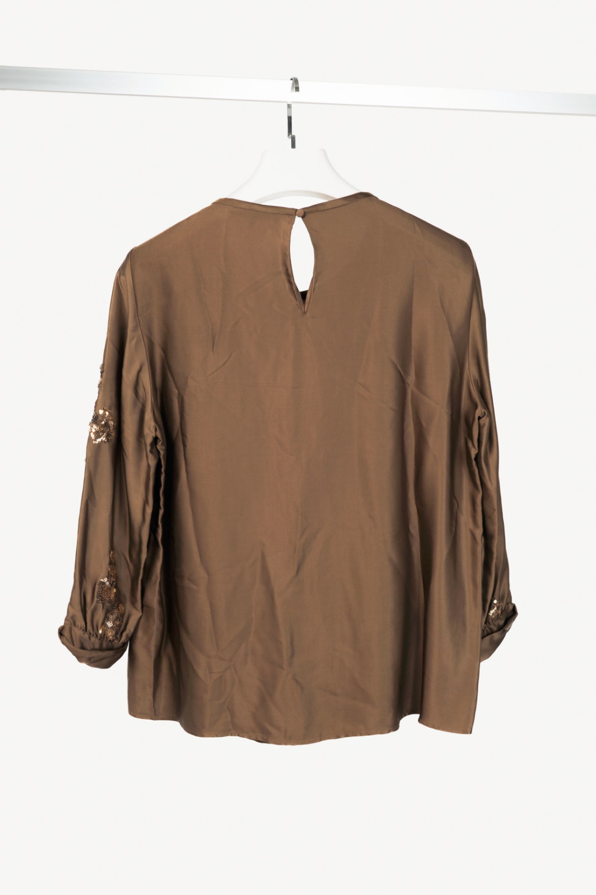 Luisa Cerano "Tobacco" Satin Floral-Sequin Blouse