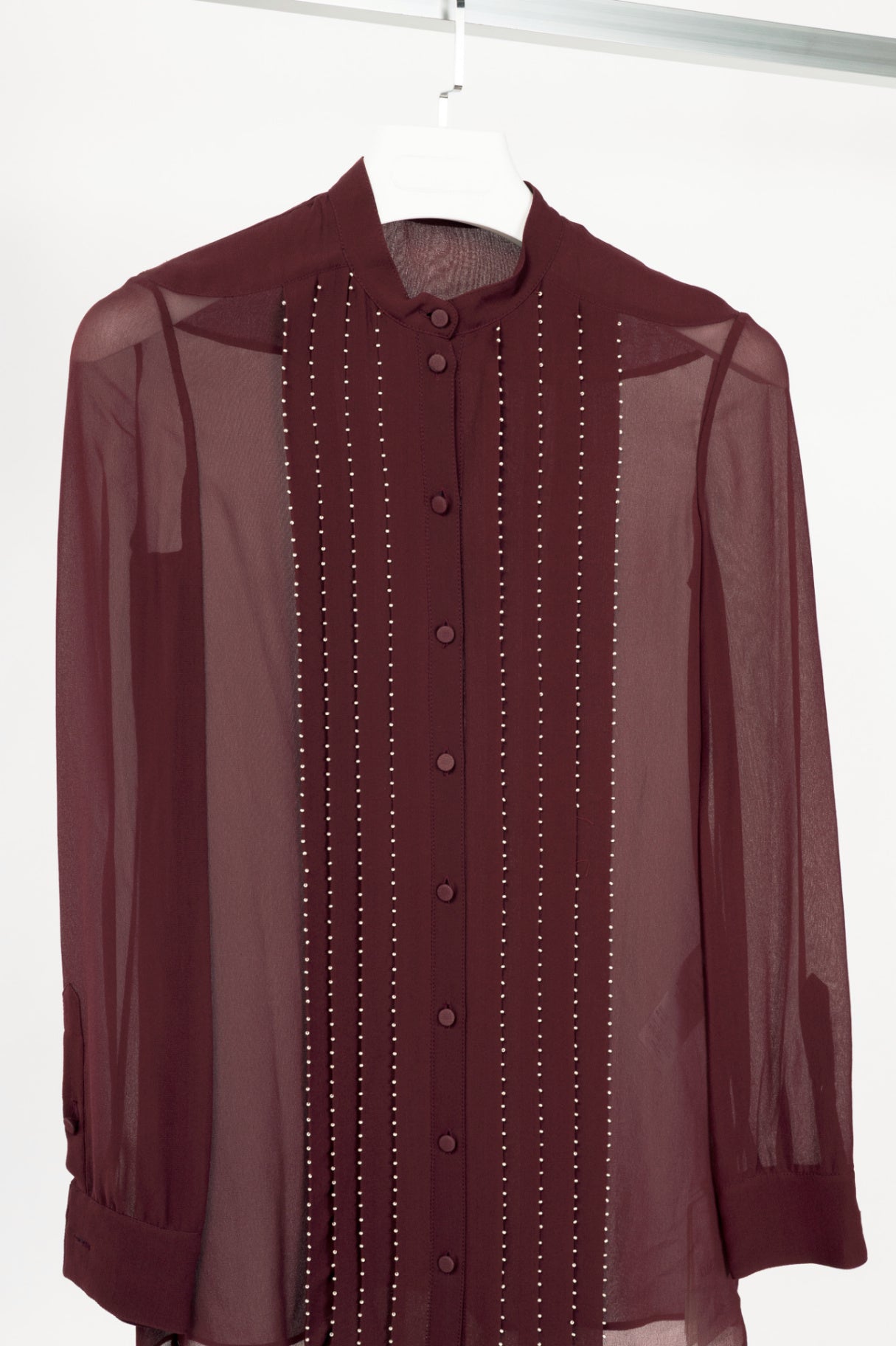Valentino Burgundy Silk-Chiffon Beaded-Pleat Buttoned Blouse