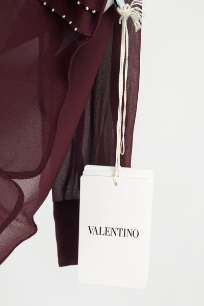 Valentino Burgundy Silk-Chiffon Beaded-Pleat Buttoned Blouse