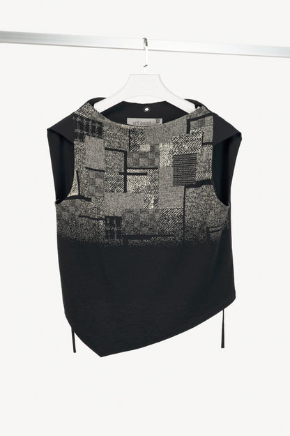 Art Point Black Mixed-Print Wool-Blend Asymmetrical Top