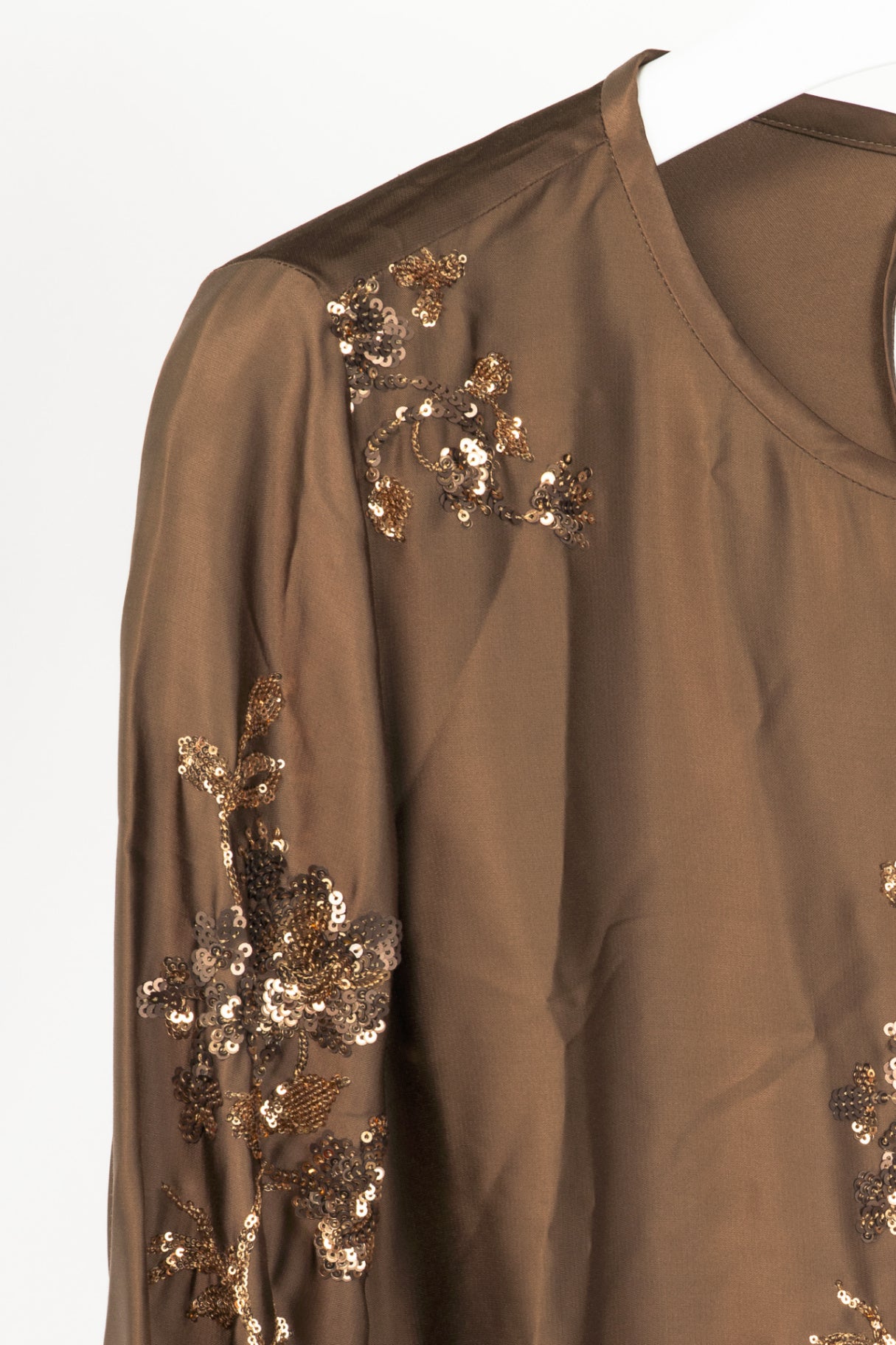 Luisa Cerano "Tobacco" Satin Floral-Sequin Blouse