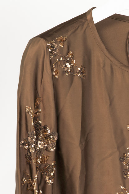 Luisa Cerano "Tobacco" Satin Floral-Sequin Blouse