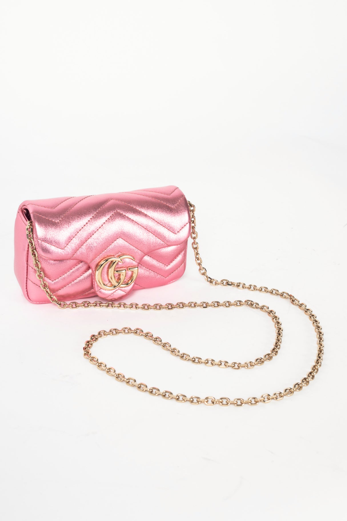 Gucci GG Marmont Bright Pink Lame Matelassé Chevron Mini Shoulder Bag