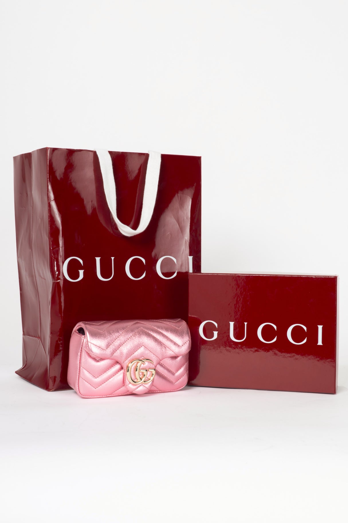 Gucci GG Marmont Bright Pink Lame Matelassé Chevron Mini Shoulder Bag