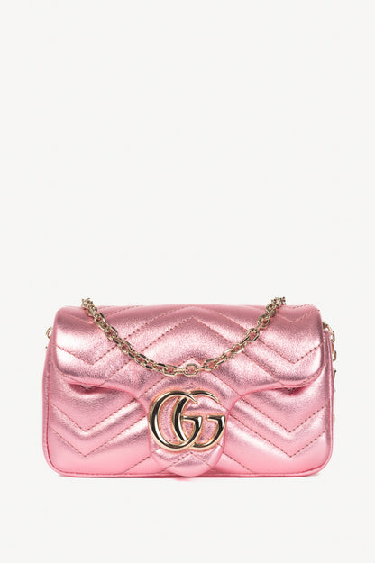 Gucci GG Marmont Bright Pink Lame Matelassé Chevron Mini Shoulder Bag