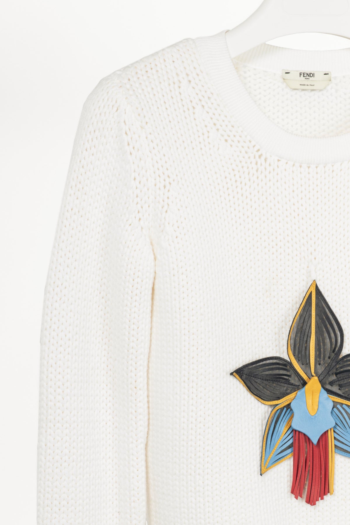Fendi SS15 White Leather-Orchid Cotton-Blend Sweater