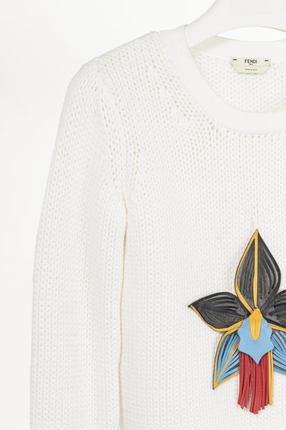 Fendi SS15 White Leather-Orchid Cotton-Blend Sweater