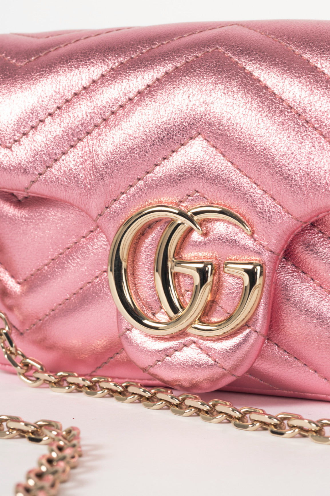 Gucci GG Marmont Bright Pink Lame Matelassé Chevron Mini Shoulder Bag