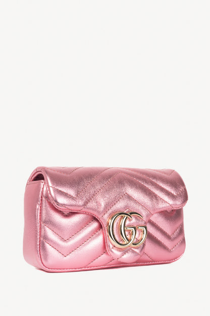 Gucci GG Marmont Bright Pink Lame Matelassé Chevron Mini Shoulder Bag