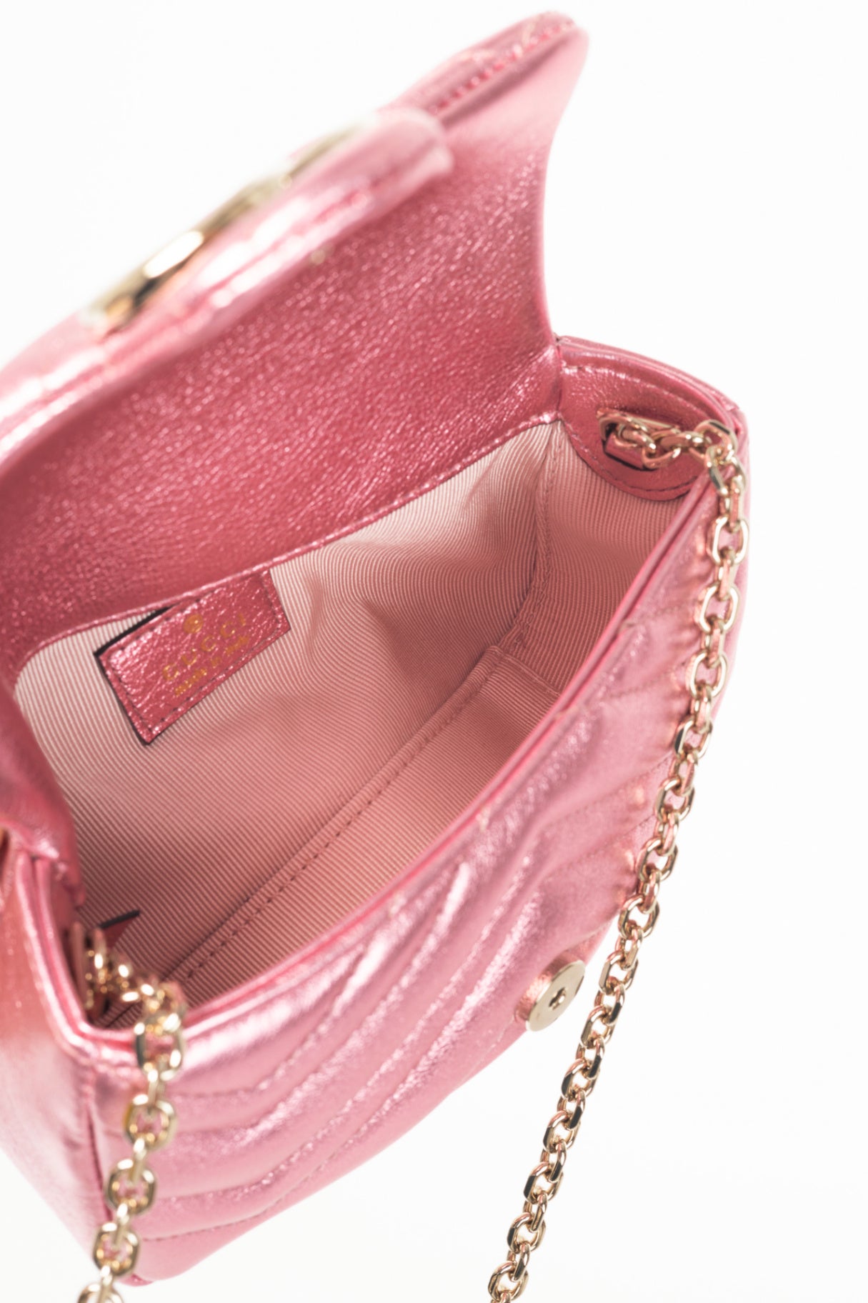 Gucci GG Marmont Bright Pink Lame Matelassé Chevron Mini Shoulder Bag