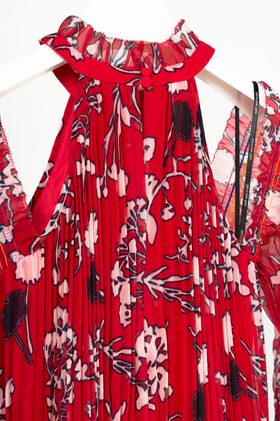 Self-Portrait SS18 Red Floral Pleated Cold-Shoulder Hi-Lo Dress