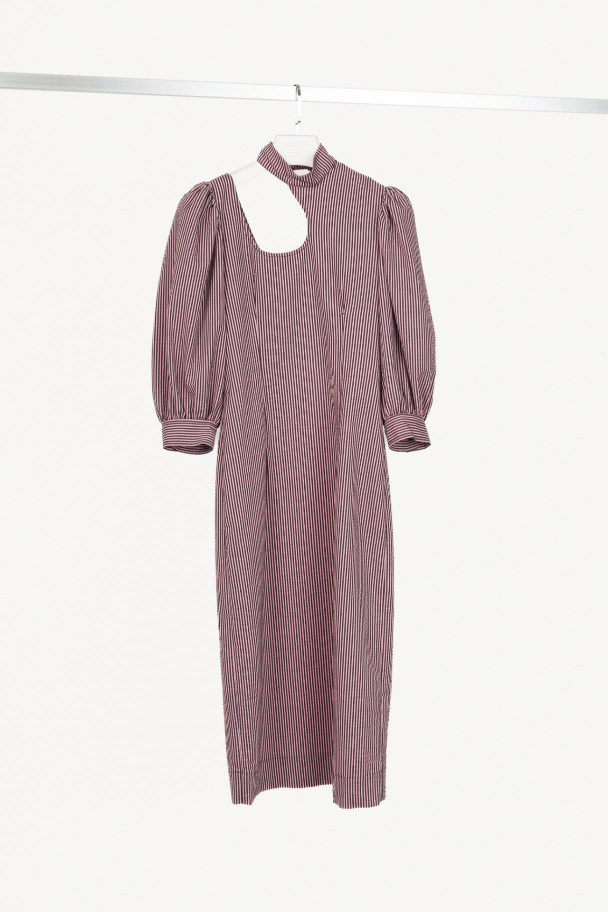 Ganni Moonlight Mauve Striped Seersucker Cutout Midi Dress