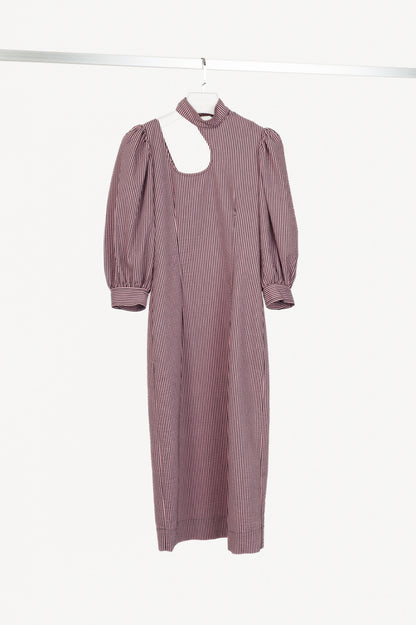 Ganni Moonlight Mauve Striped Seersucker Cutout Midi Dress