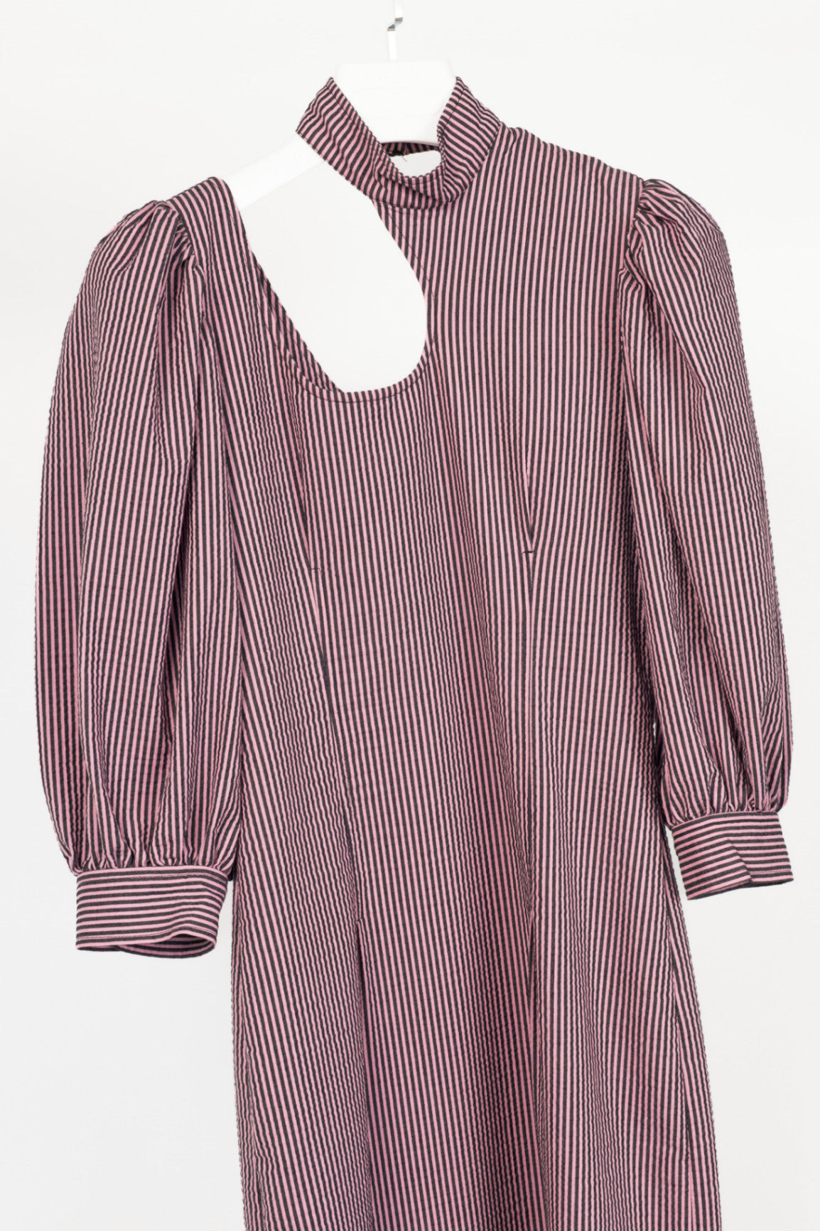 Ganni Moonlight Mauve Striped Seersucker Cutout Midi Dress