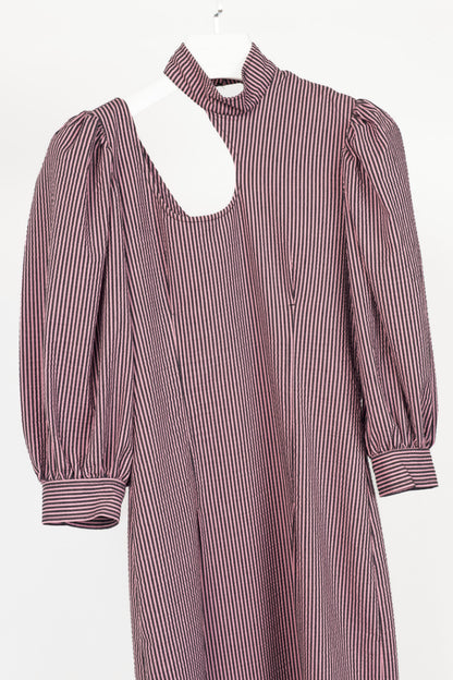 Ganni Moonlight Mauve Striped Seersucker Cutout Midi Dress