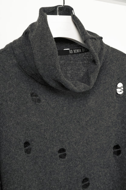 XD Xenia Design Begi Grey Wool Distressed Cowl-Neck Sweater