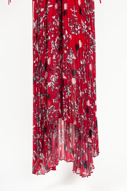 Self-Portrait SS18 Red Floral Pleated Cold-Shoulder Hi-Lo Dress