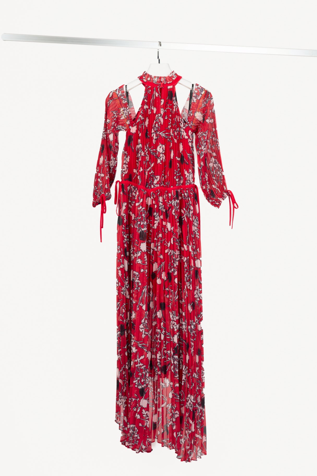 Self-Portrait SS18 Red Floral Pleated Cold-Shoulder Hi-Lo Dress