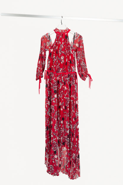Self-Portrait SS18 Red Floral Pleated Cold-Shoulder Hi-Lo Dress